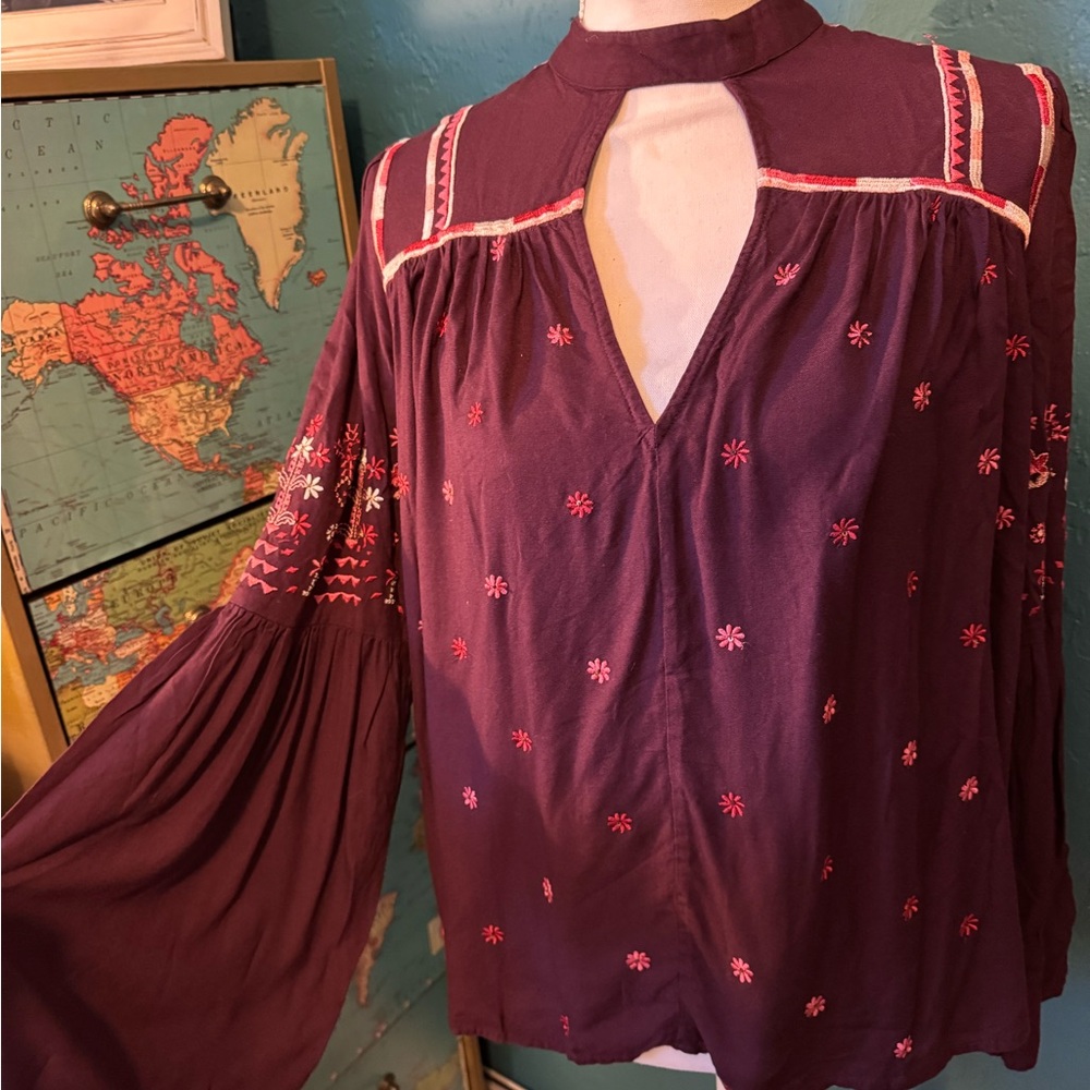 Free People Embroiderd Boho Women's Top with Key Hole Detail